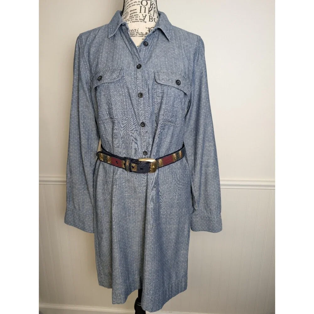 J.Crew Chambray Polkadot Shirt Dress Size S Blue Cotton Roll Tab Long Sleeve